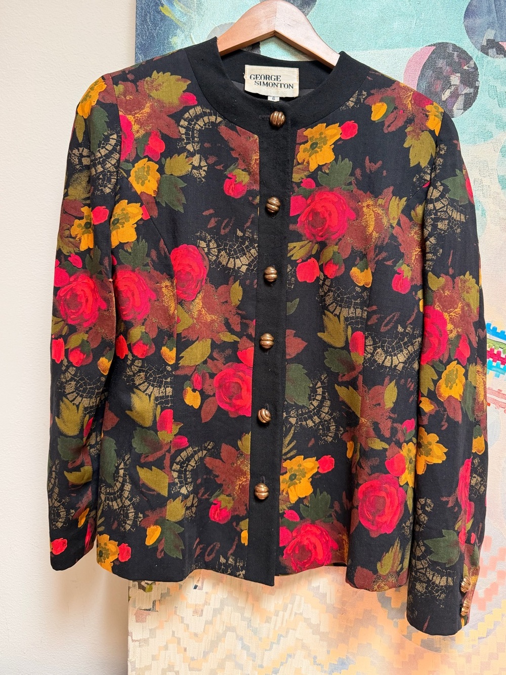 Vintage Neiman Marcus George Simonton Floral Print Mandarin Collar Blazer